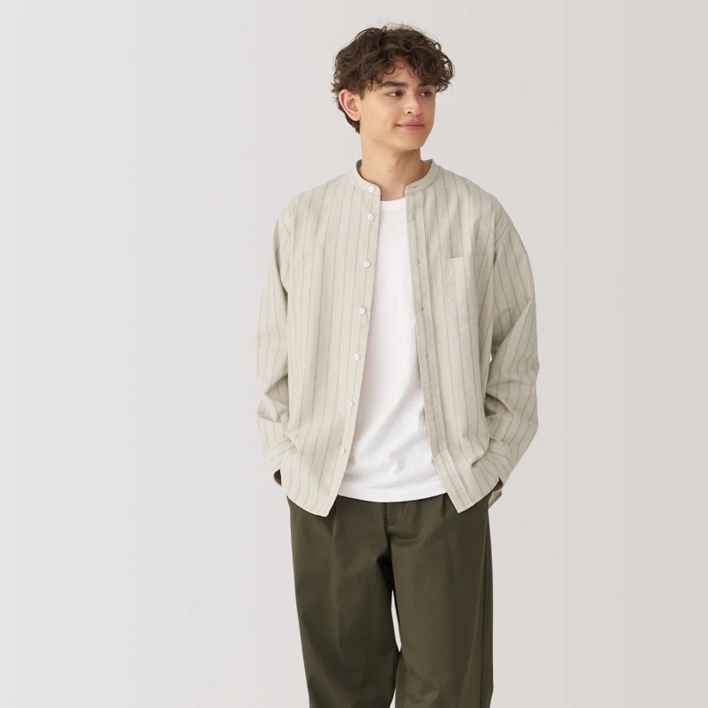 Mens Muji Beige Washed Oxford Stand Collar Shirt